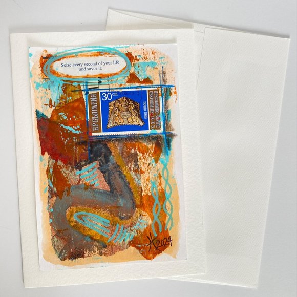 Collage Art Handmade Original Blank Greeting Card and Envelope Vintage Postage - Picture 5 of 6